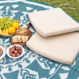 NUU GARDEN Round Outdoor Plastic Straw Rug, 5ft Waterproof Indoor Outdoor Rugs Carpet for RV, Deck, Balcony, Porch, Picnic, Beach, Camping, White/Blue