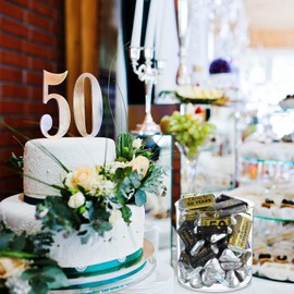 Tenare Tenare 90 Pcs 50th Birthday Candy Bar Wrappers Black and Gold Stickers Chocolate Decoration Label Mini Candy Label Stickers for Anniversary Birthday Party Supplies