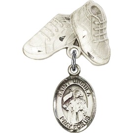 Sterling Silver Baby Badge with St. Ursula Charm and Baby Boots Pin 1 X 5/8 inches