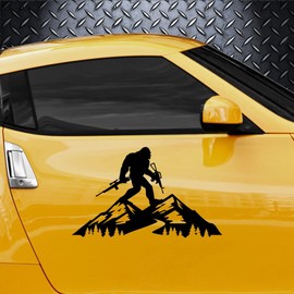 Bigfoot Sasquatch Holding Guns On Mountain Car Truck Decal Sticker | Multiple Sizes/Colors (8" Inch, Red)