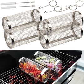 Rosenstein & Söhne Fish Grill Basket: Set of 4 Stainless Steel Stackable Grill Baskets with Hooks and Skewers (Multi-function BBQ Basket, Oven Baking Cage, BBQ Skewers)