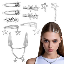 AOZUO 10Pcs Star Hair Clips, Silver Y2K Hair Accessories, Metal Hair Barrettes 8 Shapes Pentagram Bobby Pin Non-Slip Punk Kawaii 2000s Cool Hair Hairpin for Long Short Curly Wavy Hair