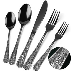 Meythway 40-Piece Vintage Carved Black Silverware Set for 8, Stainless Steel Flatware Set with Knife/Fork/Spoon, Cutlery Set for Home and Kitchen, Utensil Set with Dishwasher Safe