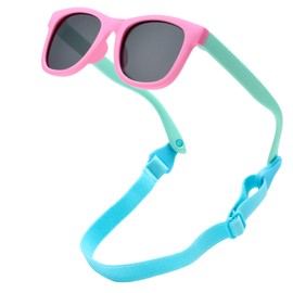 COASION Bendable Flexible Polarized Newborn Baby Sunglasses with Strap for Infant Boys Girls Age 0-12 Months (Pink-Green/Gray)