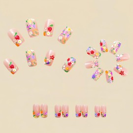 Jremg Flower Press on Nails Medium Length Square Fake Nails with Colorful Floral Design Cute 3D Flowers French Tip False Nails Glossy Nude Pink Artificial Nails Reusable Stick on Nails for Women 24Pcs