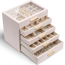 Vlando Jewelry Box for Women Girls,Jewelry Organzier,5 Drawers,Glass Lid Jewelry Organizer Storage for Gem Diamond Necklaces Rings Earrings Bracelets Apricot White