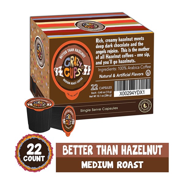 Crazy Cups Flavored Coffee for Keurig K-Cup Machines, Better Than Hazelnut, Hot or Iced Drinks, 22 Single Serve, Recyclable Pods…