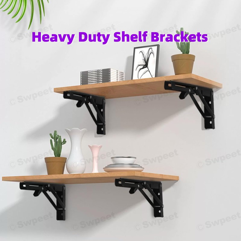 Swpeet 2 Pack 10" Folding Shelf Bracket, Heavy Duty DIY