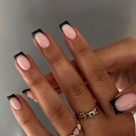 30Pcs Black French Tip Press on Nails Short Square Nails Press ons, Short Fake Nails Coffin Acrylic French Glue on Nail False for Women, Natural15 Sizes