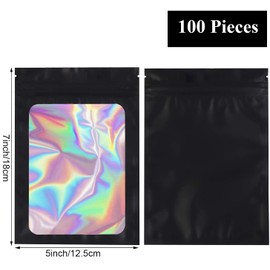 COQOFA 100 Pcs 5X7'' Clear Window Smell Proof Mylar Bags Resealable zip lock Holographic Packaging Pouch Bags for Food Jewelry Cosmetic Storage