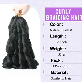 French Curl Braiding Hair 12 Inch Natural Black 8Packs Loose Wavy Spiral Curly Braiding Hair Extensions for Crochet Braids Soft French Curl BraidingHair for Women(8Packs, 1B)