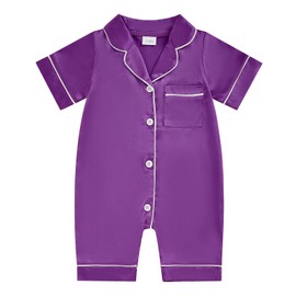 MAINESAKA ​Baby Girl Boy Satin Romper Pajamas Short Sleeve Lapel Button Down Silk Jumpsuit Pjs Infant One Piece Sleepwear (Purple, 0-3 Months)