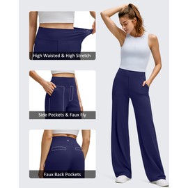 G4Free Yoga Pants with Pockets for Women High Waisted Soft Wide Leg Trousers Loose Breathable Casual Dress Pants (Royal Blue,M,33")