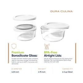 DURA LIVING 6-Piece Glass Food Storage Containers Set (3 Containers + 3 BPA-Free Lids) | 4-Cup, Leakproof | Microwave, Freezer, Oven & Dishwasher Safe | Ideal for Meal Prep & Pantry Organization