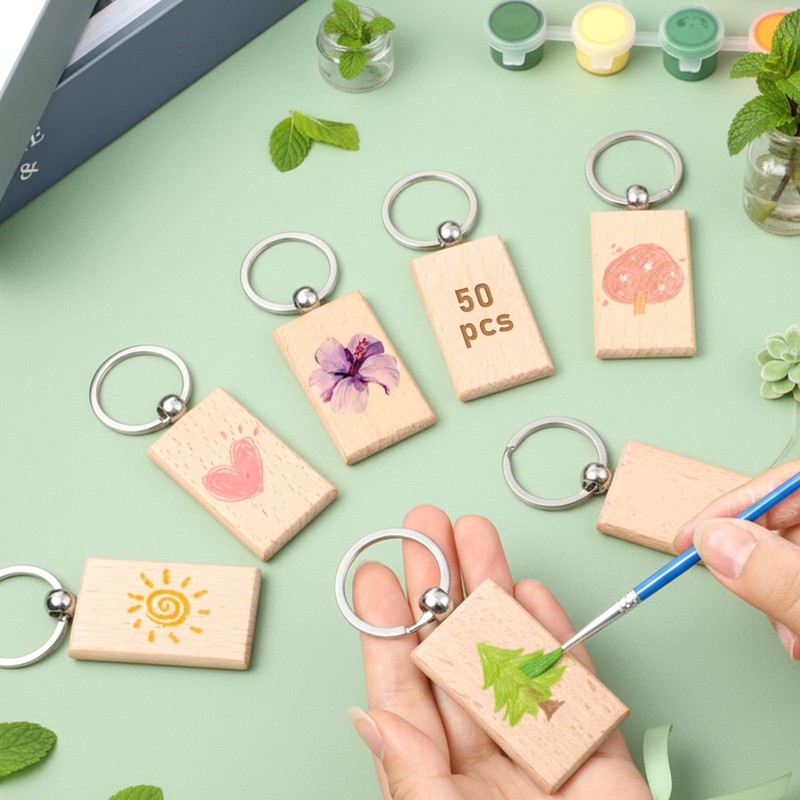 50Pcs Wood Keychain Blank, Unfinished Laser Engraving Blanks