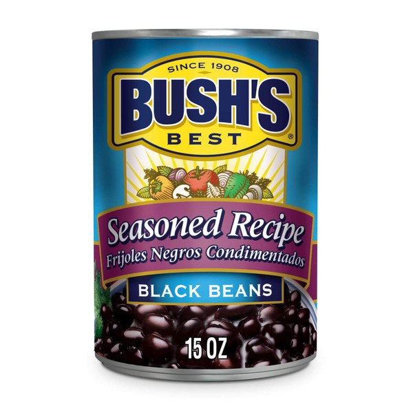 BUSH'S BEST Canned Seasoned Recipe Black Beans (Pack of 12), Source of Plant Based Protein and Fiber, Low Fat, Gluten Free, 15 oz