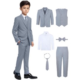 Boy's 6-Piece Formal Suit Set – Includes Suit Jacket, Comfort Waist Dress Pants, Vest, Dress Shirt, Necktie & Bow Tie – Gray Suit, 6