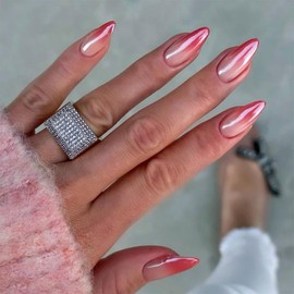 Chrome French False Nails Almond, SXVME Chrome Red Press On Nails Medium, Gradient Red Glazed Gel Fake Nails Press on, Cute Glitter Acrylic Nails Medium Stiletto, Stick on Nails for Women Daily Wear