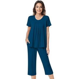 NACHILA Pajamas for Women-Viscose Made from Bamboo,Short Sleeve Sleepwear Cooling Pjs Top Ladies Soft Capri Pants Pajama Sets Ink Blue L
