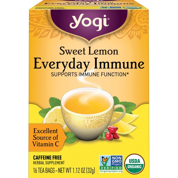 Yogi Sweet Lemon Everyday Immune Organic Tea, Caffeine-Free, Excellent Source of Vitamin C, Vegan Friendly, Kosher, USDA Certified Organic, Non-GMO, 16 Tea Bags (Pack of 6)