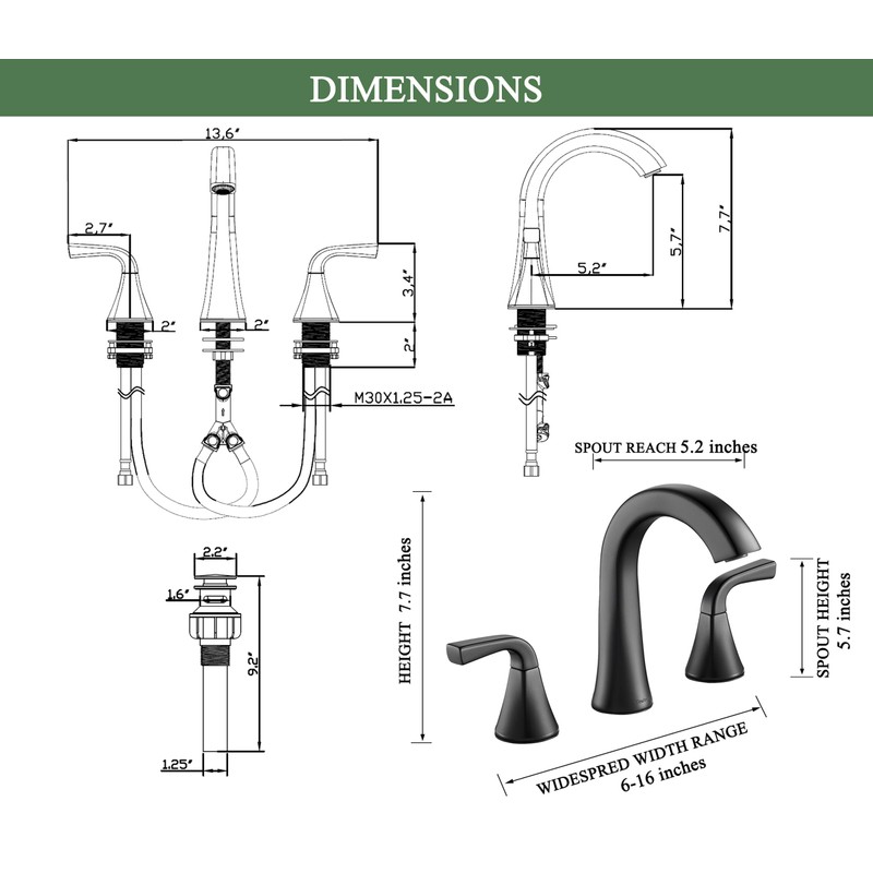 Matte Black Bathroom Sink Faucet, 2 Handle 8 inch Widespread