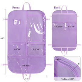 Kntiwiwo 2-Pack Dance Costume Garment Bag, 40" Dance Costume Bag for Hanging Storage with 3 Clear Zippered Medium Pockets and 2 Back Zippered Pockets and 1 xPendant, 3 x Badge (Purple)