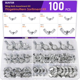 100 Stücke Flügelmutter, BUNTOR Kohlenstoffstahl Flügelmuttern Sortiment Kit, M3/M4/M5/M6/M8/10/M12 Schmetterlingsmutter für Heimwerker DIY Tools, Elektronische Geräte
