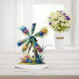 Meecaa Windmill Flower DIY Diamond Desktop Ornament Kit Special Shaped Crystal Diamond Painting Tabletop Ornaments Single Sided Diamond Home Decor (Windmill 1)