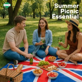 ADEPTNA Waterproof Union Jack Fleece Picnic Blanket 150x130cm Outdoor Beach Camping Blanket Polyester Lining Soft Comfortable Foldable with Handle Ideal for Summer