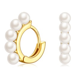 Gold Pearl Earrings for Women, Sterling Silver Pearl Hoop Earrings Hypoallergenic Round Pearl Hoop Earrings Wedding Jewellery Gifts for Ladies Girls