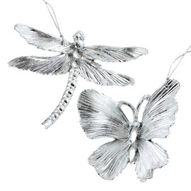 CF Collection Butterfly and Dragonfly Christmas Tree Ornaments [Set of 2] 4 Inches (Shiny Silver)