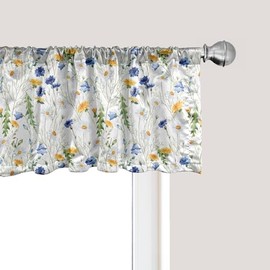 Ambesonne Cenefa de ventana de flores para cocina, comedor y dormitorio, amapolas florales salvajes y margaritas, paisaje de naturaleza rural en prados, cenefa de cortina rústica con bolsillo para barra, 54 x 18 pulgadas, azul amarillo