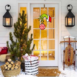 Christmas Door Sign Grinchs Decorations - Merry Christmas Wall Decor Grinchs Ornaments - Grinchs Hand Wooden Welcome Front Door Hanging Wreath for Christmas Decorations Indoor Party Supplies