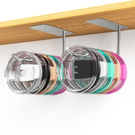 CUXIXA Tumbler Lid Organizer, Stainless Steel Tumbler Lid Holder Under Cabinet, Self Adhesive or Drilling Tumbler Lid Storage Hook, Cup Lid Organizer Wall Mount for Kitchen Cabinet (2, Silver)