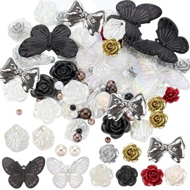 SUNNYCLUE 266Pcs Resin Beads Charms 3D Flatback Assorted Plastic Beads Bulk Black White Themed Butterfly Charms Glitter Rose Flower Bead Bowknot Cabochons Round Pearl Beads for Jewelry Making Kits