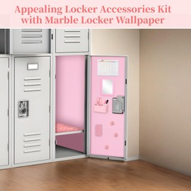 OMISTAR 30 PCS Pink Locker Accessories Set With Shelf, Marble Wallpaper, Rug, Magnetic Mirror, Whiteboard, Dry Erase Marker, Refrigerator Magnet for Decoration
