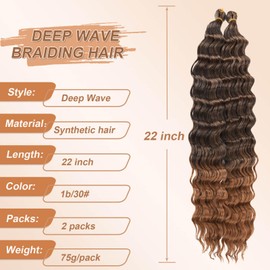 CHARSUN Deep Wave Crochet Hair Curly Braiding Hair 22 Inch Ocean Wave Braiding Hair Extensions For Black Women Synthetic 2 Pack Boho Braids Extension(1b/30#)