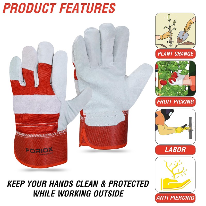 Foriox International Split Leather Work Gloves, Heavy Duty Thorn Proof