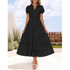 ZESICA Womens 2025 Summer Puff Short Sleeve Midi Dress Floral V Neck Textured Ruffle Flowy Beach Party Dresses,Black,Large