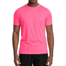 Zengjo Mens Running Shirts Short Sleeve Fitted Quick Dry(Neon Pink,Small)
