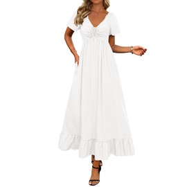 BTFBM Womens Summer Dresses 2025 Casual Short Sleeve V Neck Drawstring Wedding Guest Maxi Dresses Boho Beach Long Dress (White,Large)
