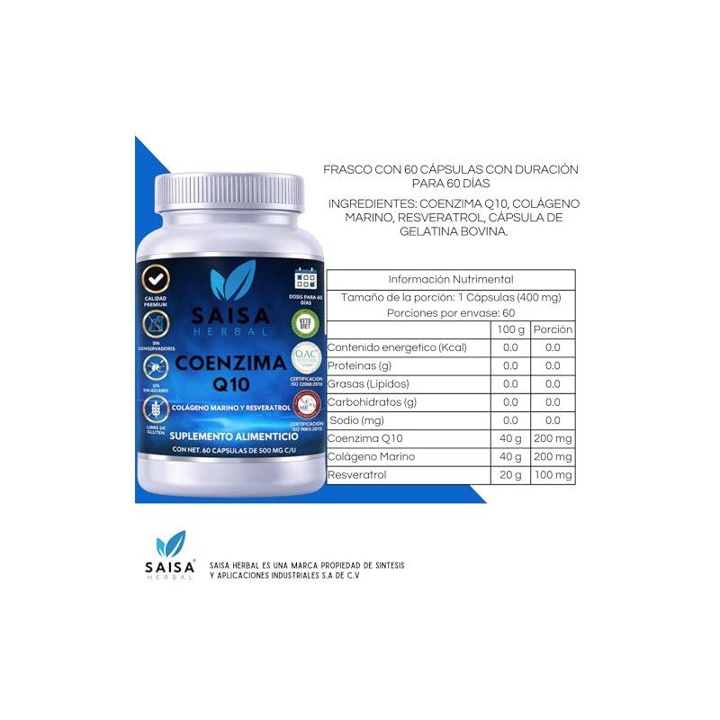 Coenzima Q10 Resveratrol y Colágeno Marino 60 Cápsulas Antioxidante, Antienvejecimiento