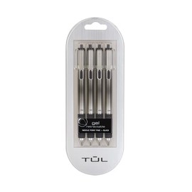 TUL Gel Pens, Retractable, Needle Point, 0.7 mm, Black Barrel, Black Ink, Pack of 4