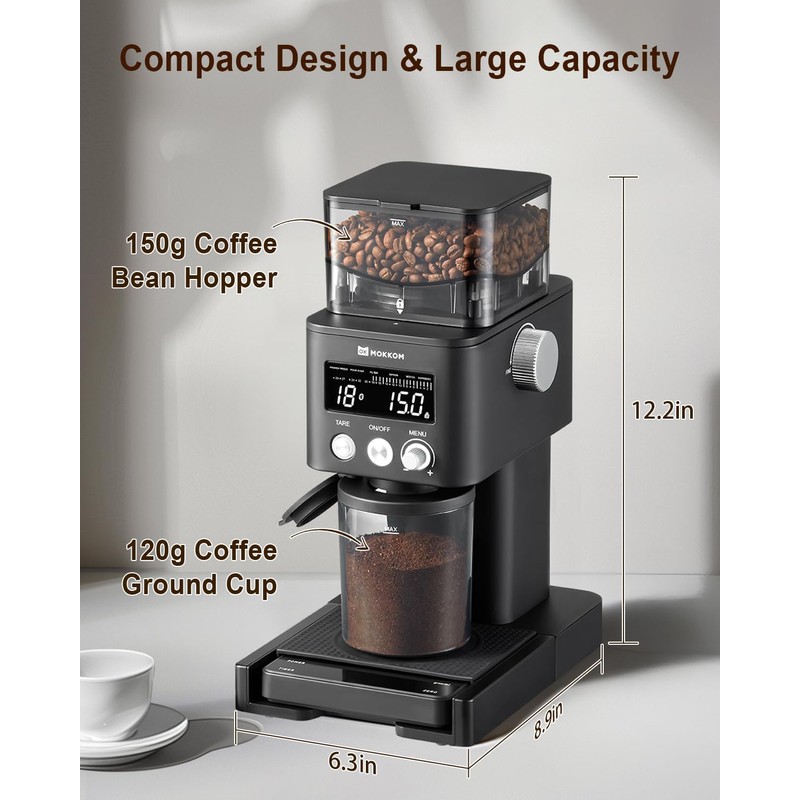 MOKKOM Coffee Grinder Electric with Scale, Conical Burr Coffee Grinder