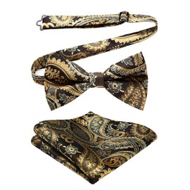 HISDERN Men's Gold Bow Tie Pre-tied Paisley Bow Ties and Pocket Square Set Formal Wedding Party Bowtie with Hankerchief