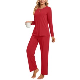 Aodemo Women's Fall 2 Piece Pajama Sets, Long Sleeve Keyhole Lounge Sleepwear Ladies Pjs Sets with Pockets XL, Red
