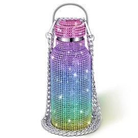 Diamond Insulated Water Bottle Bling Rhinestone Stainless Steel Refillable Glitter Thermal Bottle with Chain for Women Girls Gifts (Rainbow, 500 ml)