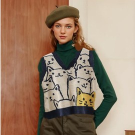 Dawwoti Women’s Knitted Sweater Vest Sleeveless Pullovers Jumpers Cat Pattern Sweatshirts for Winter Autumn Spring Coffee