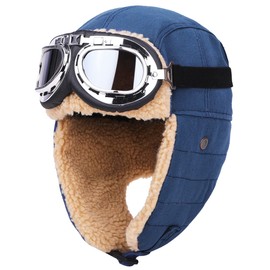 Lapset Pilot Cap, Fumofu Flying Hat, Flight Cap, Climbing Hat, Thermal Hat, Fleece-Lined, Stylish, Unisex, With Goggles, No Goggles, 4 Colors, Blue with goggles