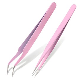 Eyelash Tweezers, False Eyelash Tweezers, 5 Colors, 2 Pieces, Stainless Steel, Includes 2 Types, Curtio/Straight Head, Precision Design, Easy to Use (Pink)